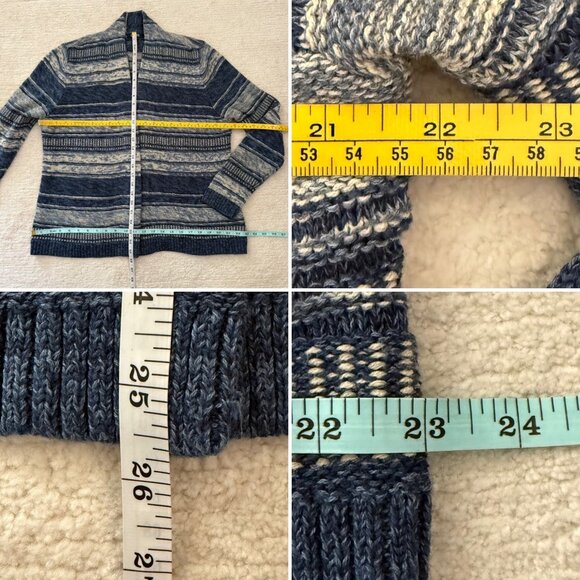 Chaps Petite Cardigan Size P XL Blue Cream Marled Stripe Open Front Knit Sweater - Picture 7 of 10
